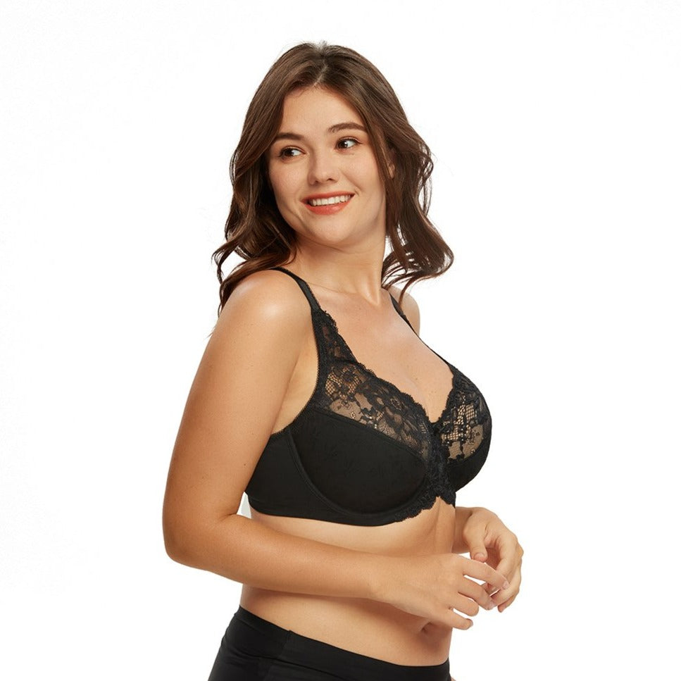 DotVol Women's Full Coverage Lace Floral Unpadded Underwire Minimizer  Everyday Bra (Black, 34C) at  Women's Clothing store